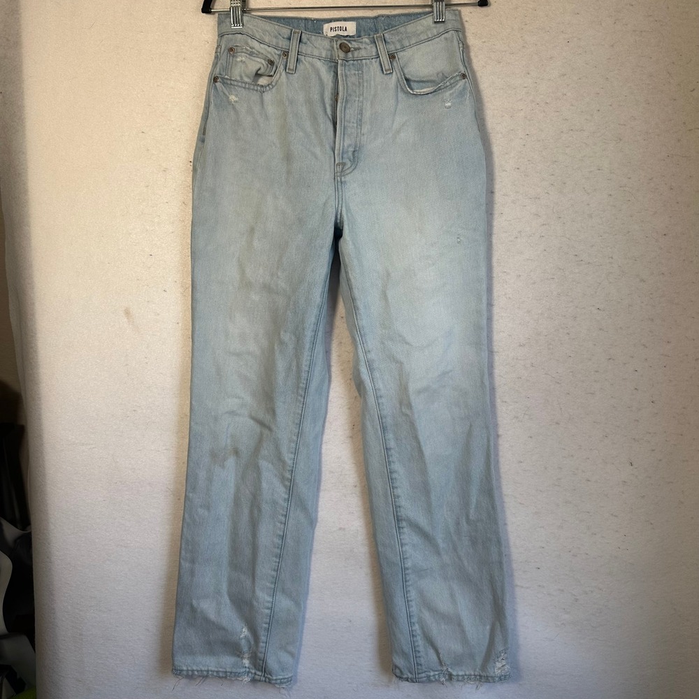 Pistola Cassie Super High Rise Straight Leg Button Fly Distressed Jeans Light 27